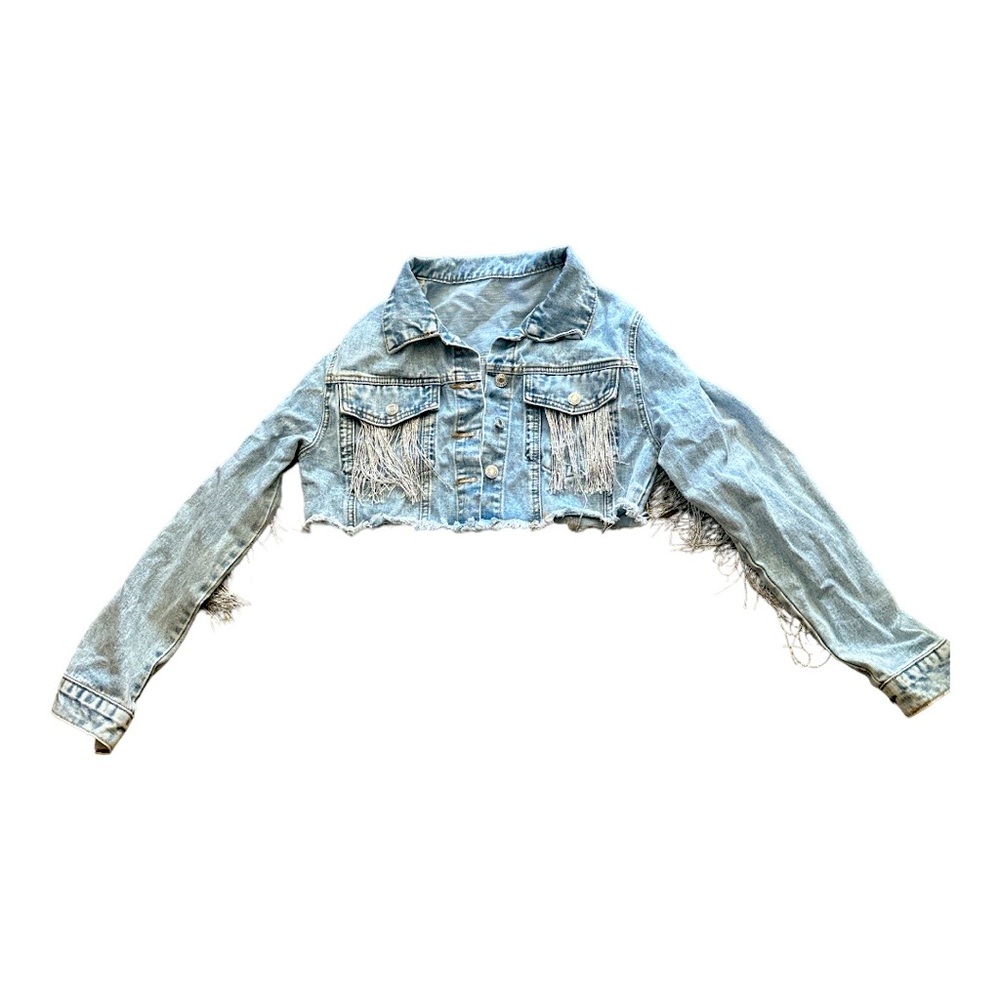 Cropped fringe denim jacket.